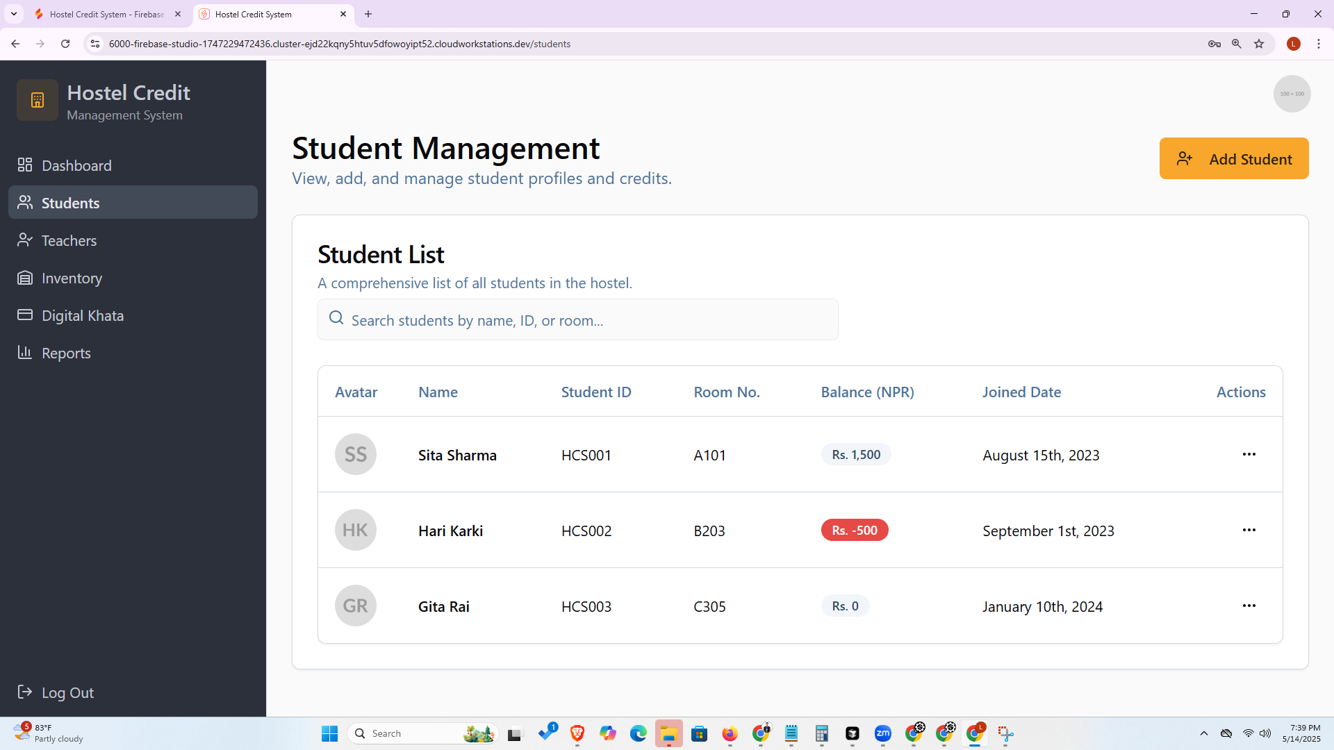 Hostel Credit Management System